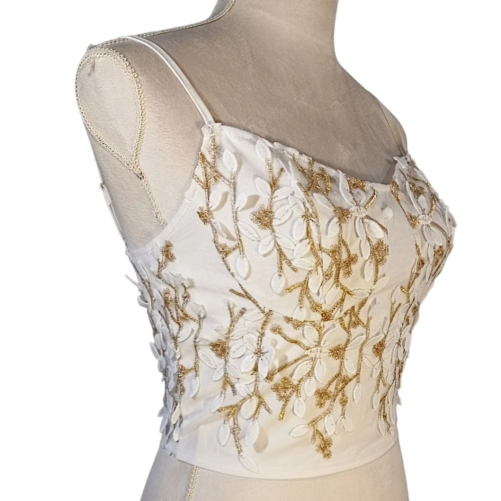 Corset Bustier Top Gold & White Floral Applique Zip Back, Adjustable Straps - Picture 4 of 7